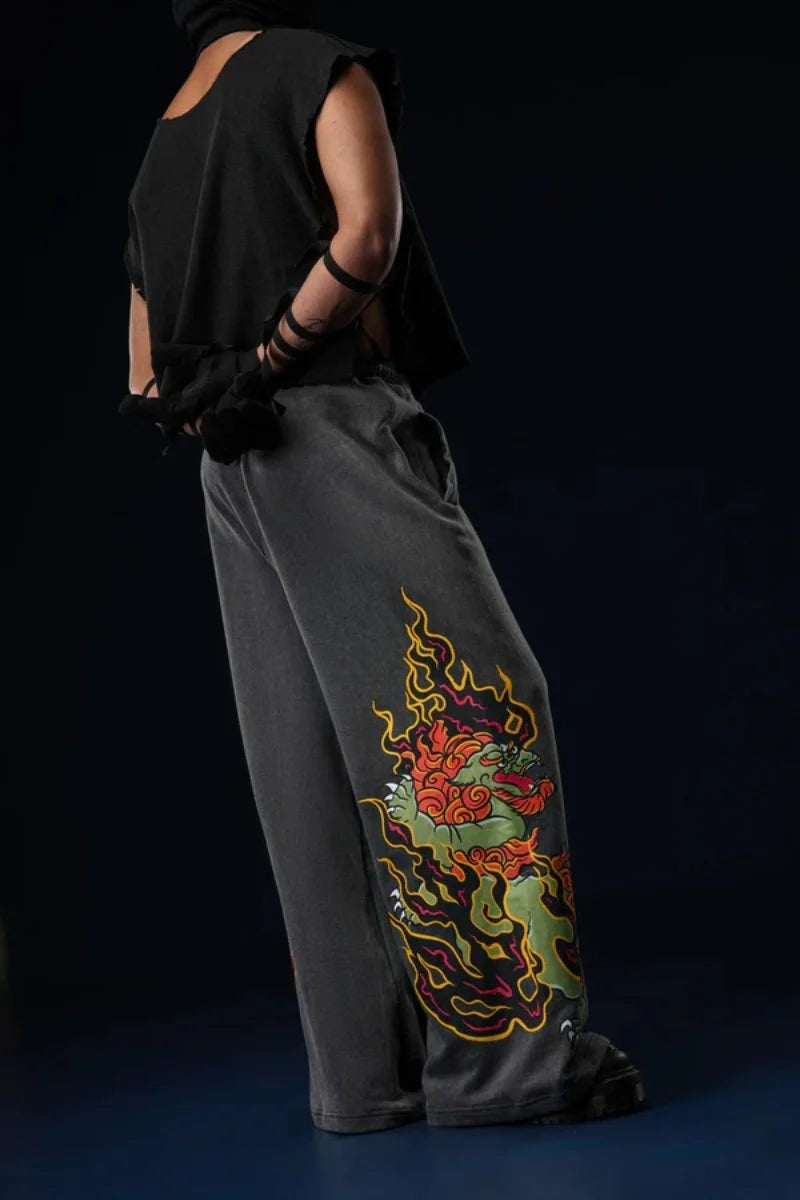 Y2K Retro Harajuku Jeans Flame Dragon Snake Graphic Printing Baggy Pants Wide Leg Sweatpants Vintage Men Women Streetwear
