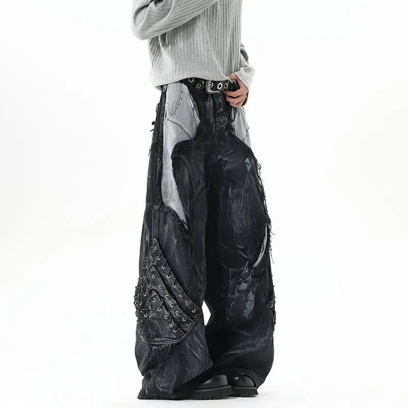 High Street Men's Denim Trousers Patchwork Contrast Color Drawstring Raw Edge Dirty-dying Worn-out Male Jeans New