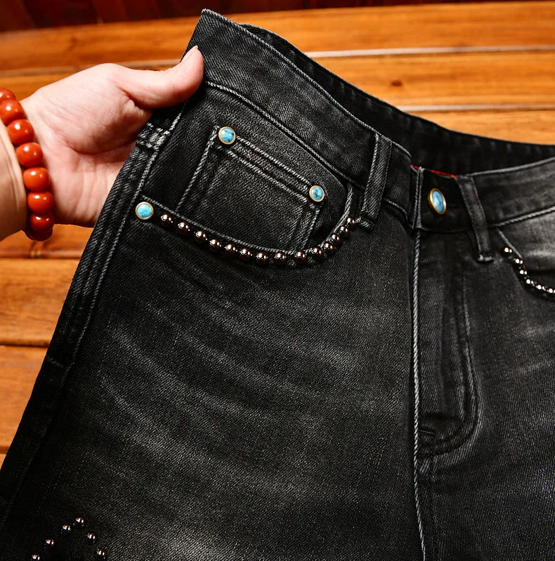 Metal Decor Design Black Jeans Men Trendy Ripped Fashion Retro Nostalgic Street Slim Fit Skinny Pants