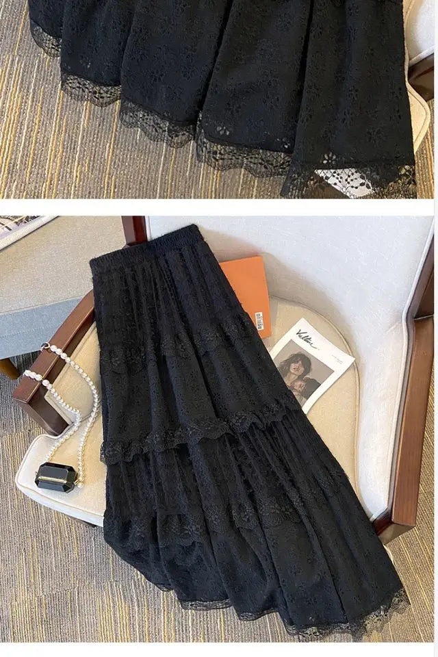 Lace Skirts Women French Style Ankle-length High Elastic Waist Hollow Out Patchwork New Loose Slim Korean  A-line Sweet Fit