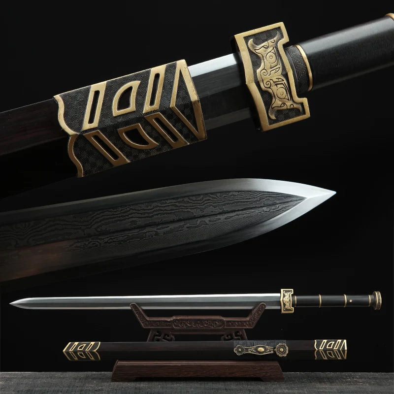 Chinese Kongfu Ruyi Jian Sword Folded Damascus Steel Blade Real Full Tang Sharp Ready Battle Metal Handle Taichi Swords Katanas