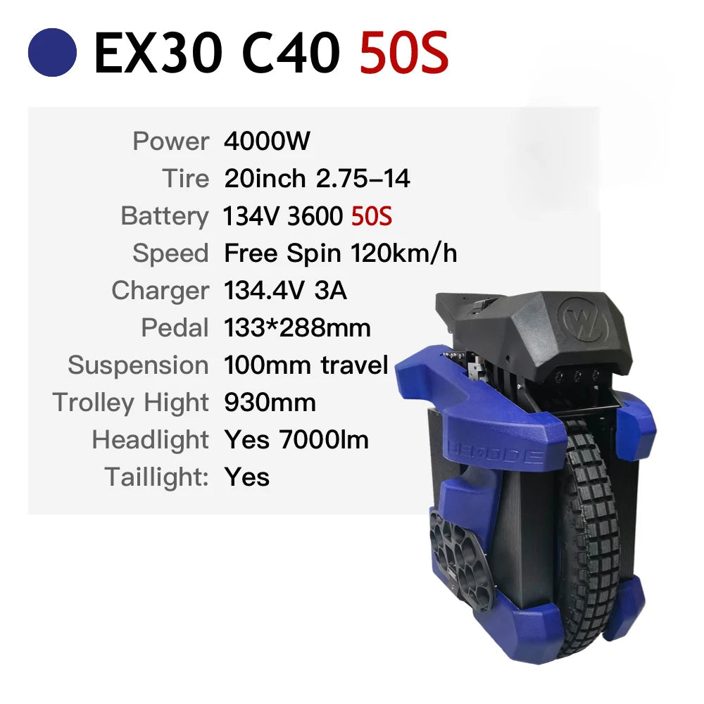 BEGODE EX30 Electric Unicycle 20inch 4000W 134.4V 3600Wh 50E 50S Suspension Travel 100mm Smart Wheel Monocycle IP65 Waterproof