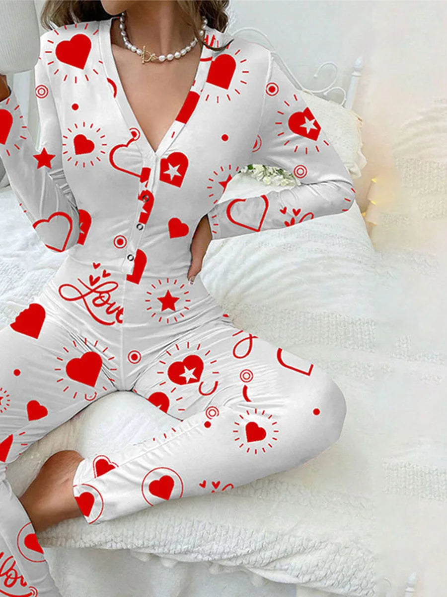 Women Jumpsuit Long Sleeve V Neck Button Closure Letters Heart Print Bodysuit Loungewear Sleepwear for Valentines Day