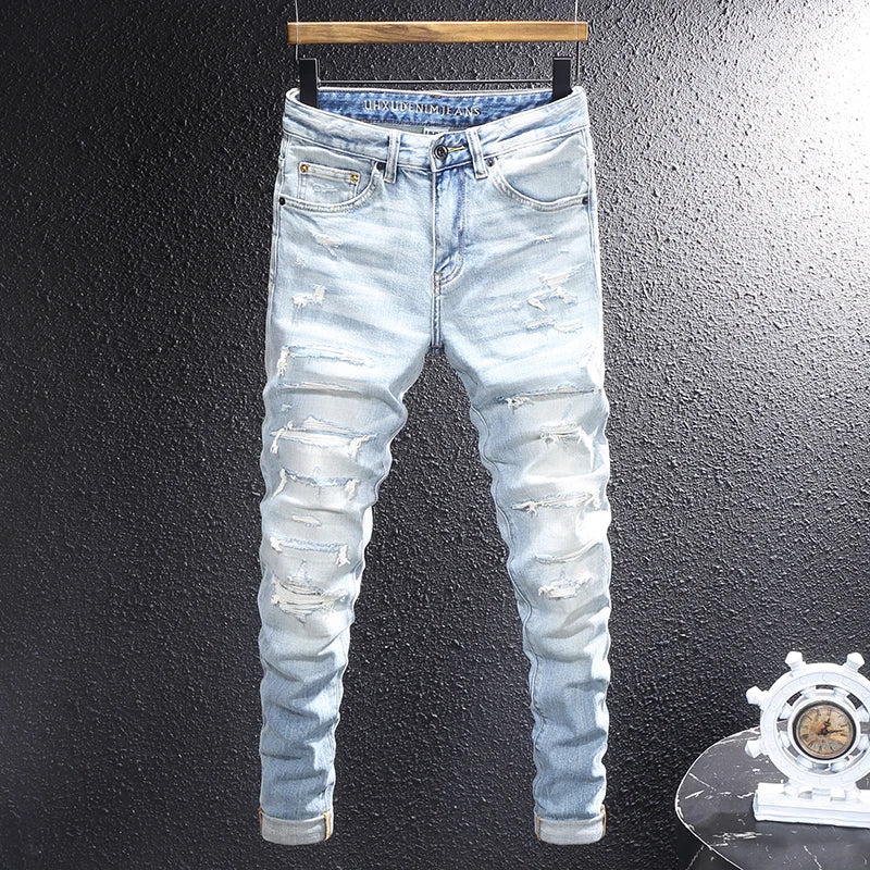 Fashion designer men's retro washed light blue elastic slim fit printed corrugated jeans men's Italian style retro denim pants h