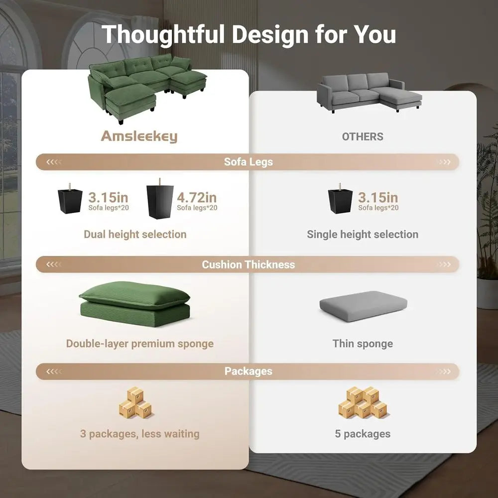 U-Shaped Corduroy 3-Seater Sofa with 2 Ottomans, Green Deep Seating Living Room Sectional