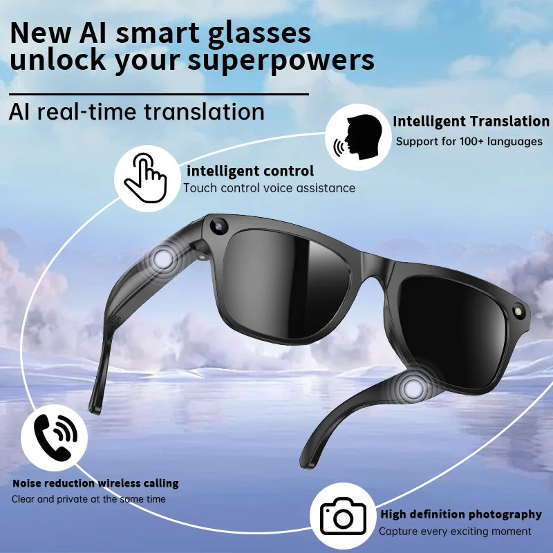 Smart Glasses 100W Camera Anti-shake Video Recording Music Control Photo Recognition Bluetooth Call Sports Sunglasses Waterproof