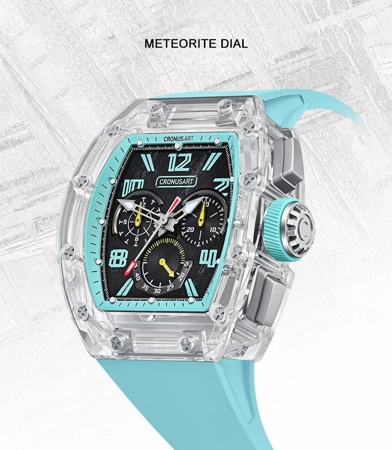 CRONUSART Men Automatic Watch 50mm Tonneau Chronograph Mechanical Wristwatch 5ATM Luminous Sapphire Case & Mirror Meteorite Dial