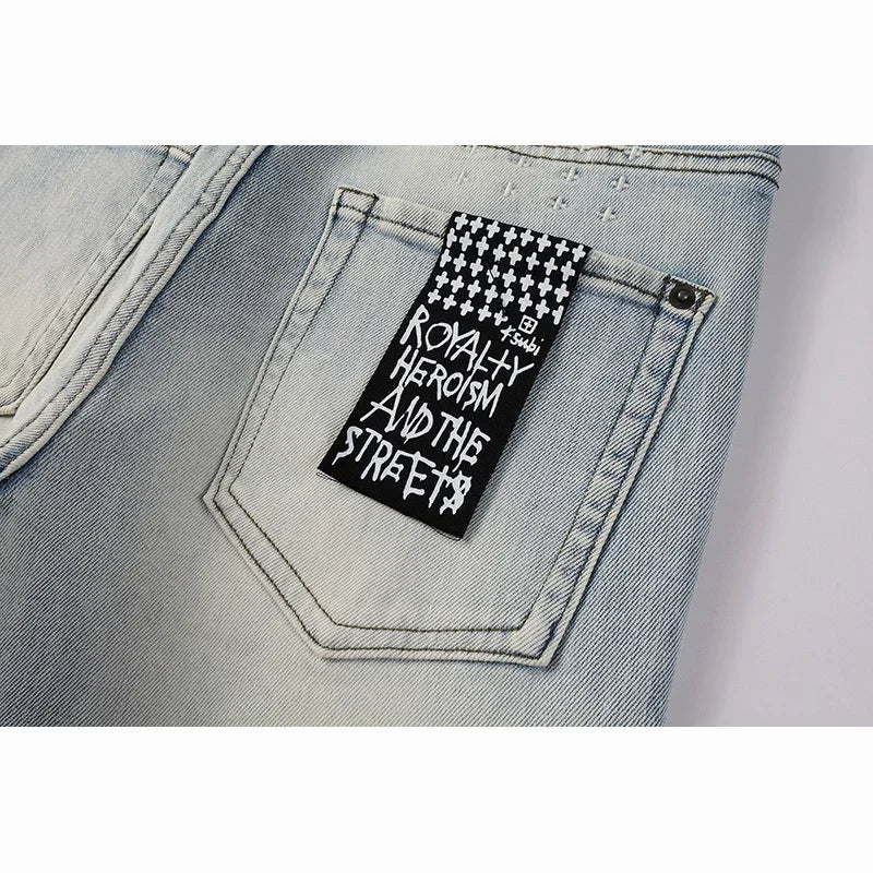 Men's High Street KSUBI Distressed Faded Blue Stretch Skinny Pattern Printing High Quality Button Fly Ripped Jeans Pants