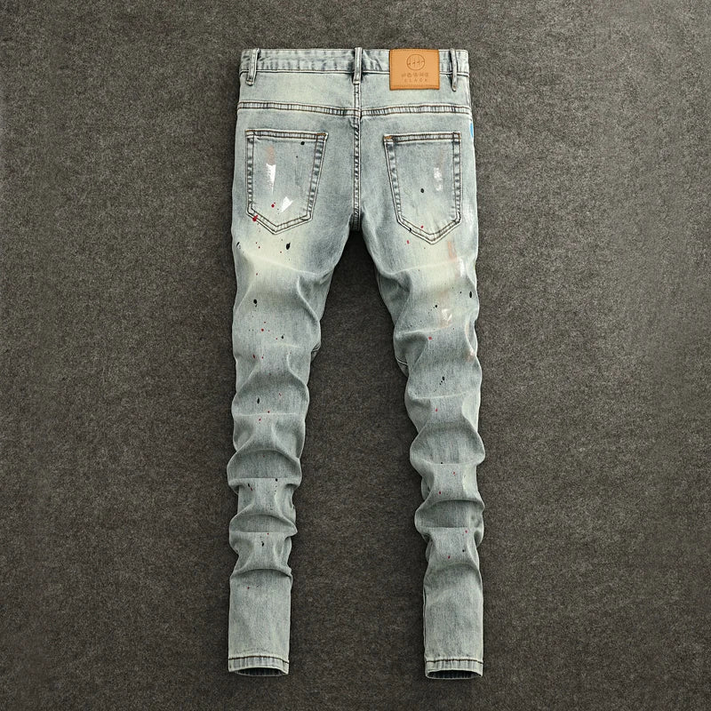 High Street Fashion Men Jeans Retro Washed Blue Stretch Slim Fit Ripped Jeans Men Painted Designer Vintage Denim Pencil Pants