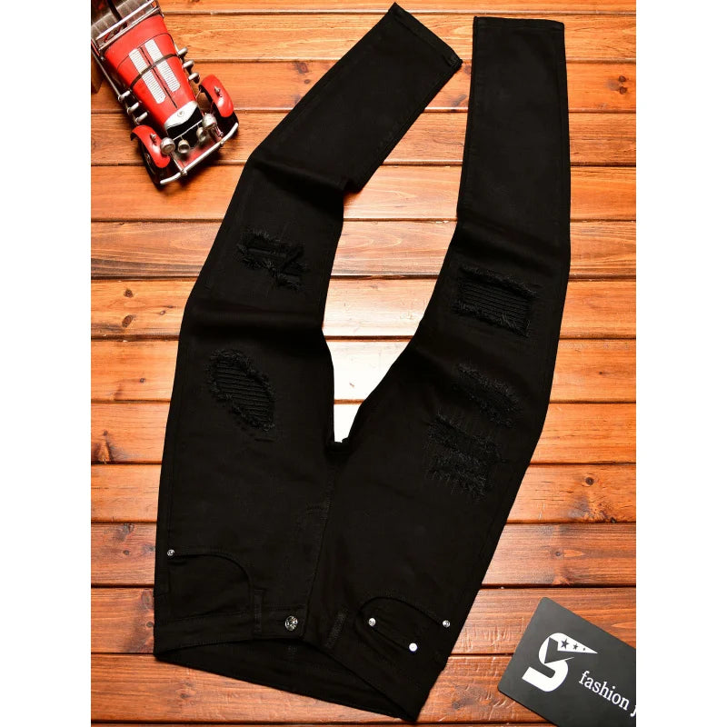 High end high street ripped patch design black jeans for men in autumn, slim fit American style trendy pants with small feet
