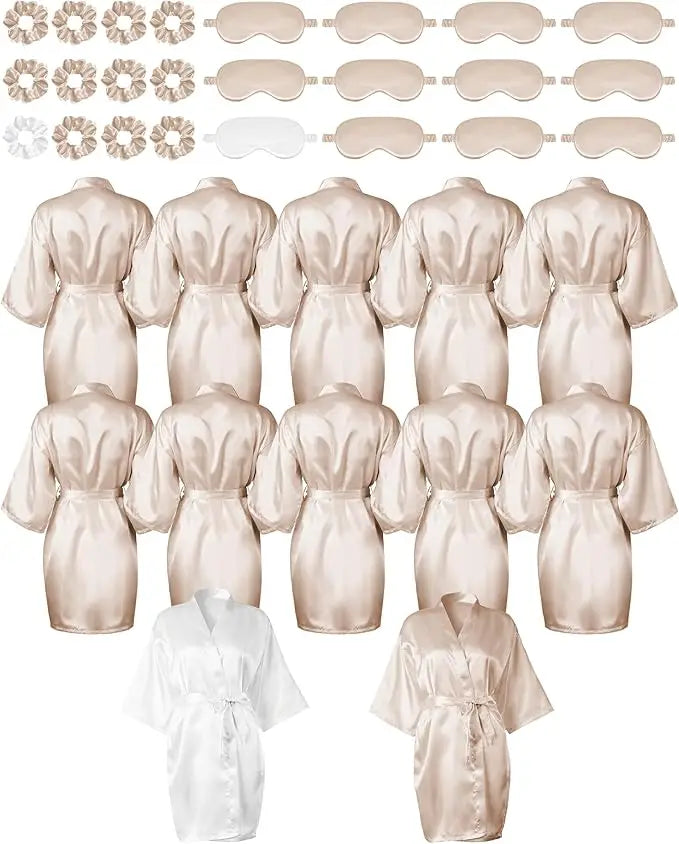 12 Pack Satin Women Robes Kimono Robe Bulk with Sleeping Mask and Hair Tie Sets Silky Bathrobes for Birthday Wedding Party