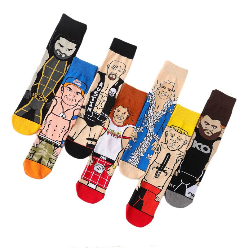 Personalized Cartoon Character Printing WWE Men's Socks Sports Competitive Wrestlers Sports Tube Socks High Quality Cotton Socks