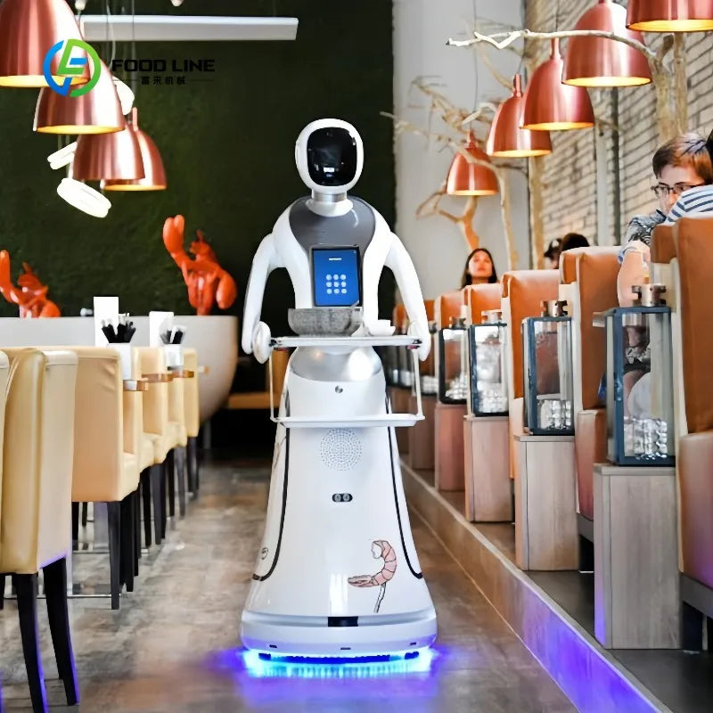 Customized Amy Humanoid AI Robot Waiter for Restaurant / Coffee Shop Automatic Walk and Talk Meal Delivery Robot