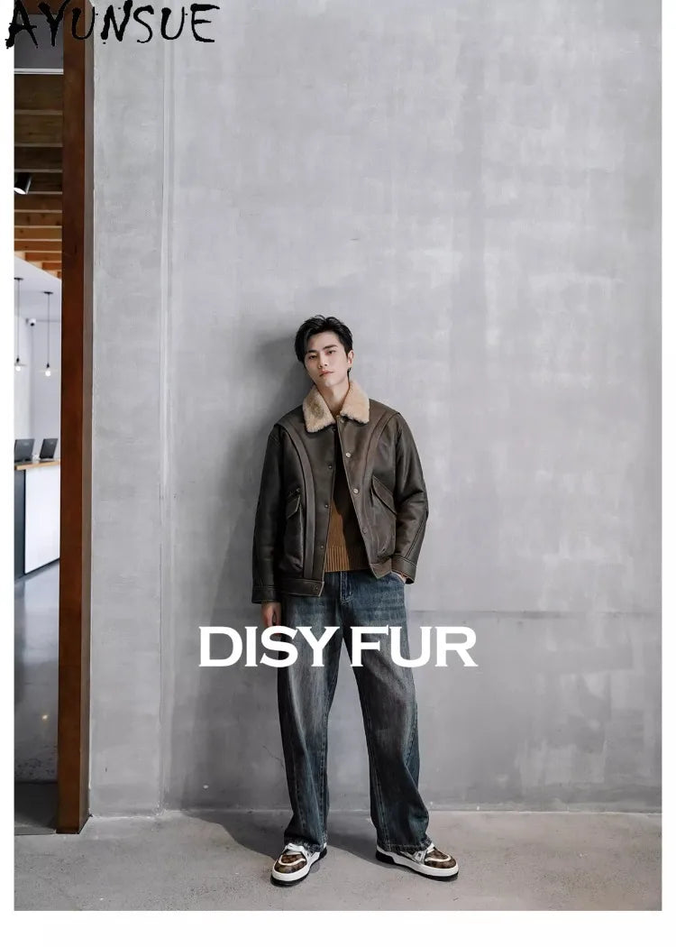 AYUNSUE Natural Sheepskin Fur Coat Men Autumn Winter New Short Real Wool Man Vintage Leather Jacket Motorcycle Fur Coats Jackets