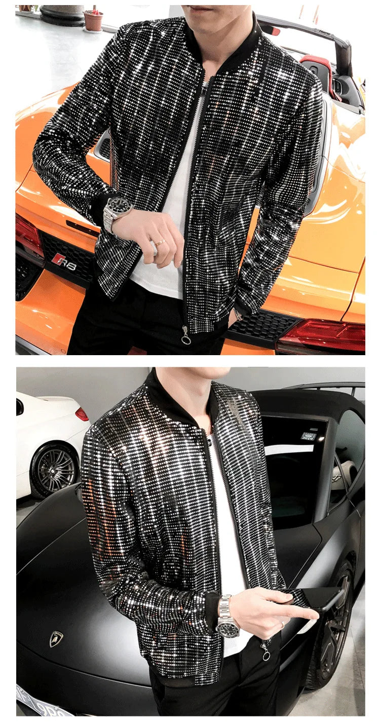 Y2K Men's Streetwear Night Club Stage Thin Motorcycle Jackets Fashion Men Hip Hop Sequined Bombers Jacket Coat Fashion Clothing