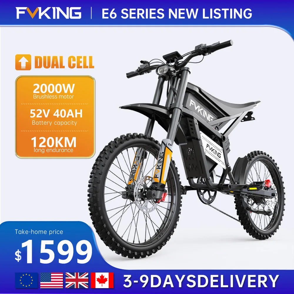 FVKING E6 Electric Bike Adults 2000W Peak Gear Hub Motors Electric Motorcycle 52V33AH Battery Speed 60Kmh Mountain E-bikes GT73