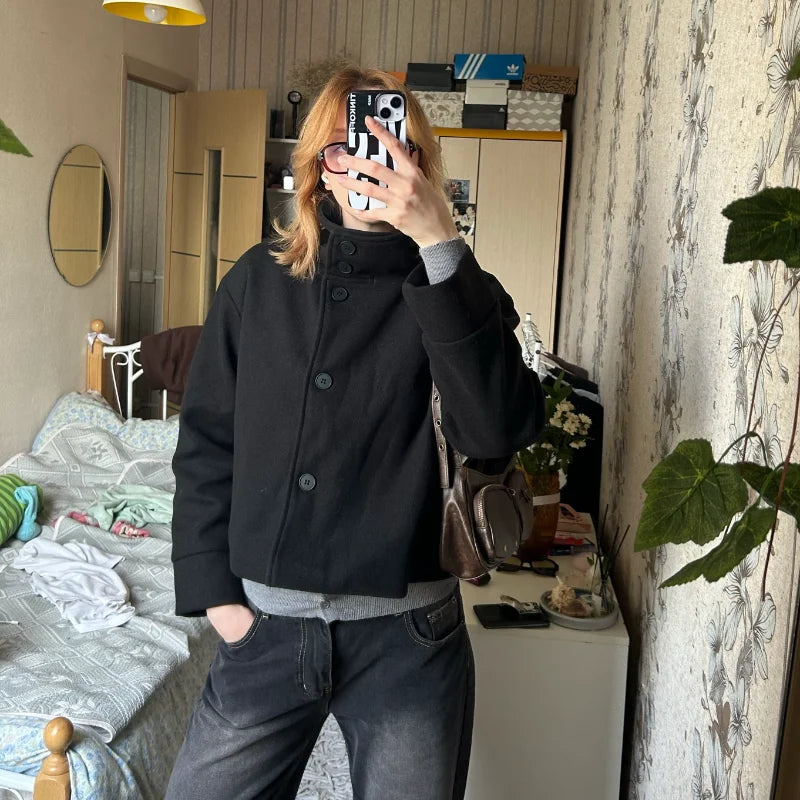 Urban Black Woolen Blend Coats Women Stand Collar Single-breasted Long Sleeve Thick Warm Jacket 2025 Autumn Winter Lady Outwear