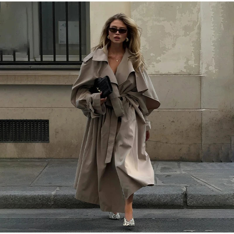 Solid Lace Up Long Trench Coat Women Fashion Full Sleeve Lapel Single Breasted Loose Outerwear 2026 Lady Spring High Street Coat