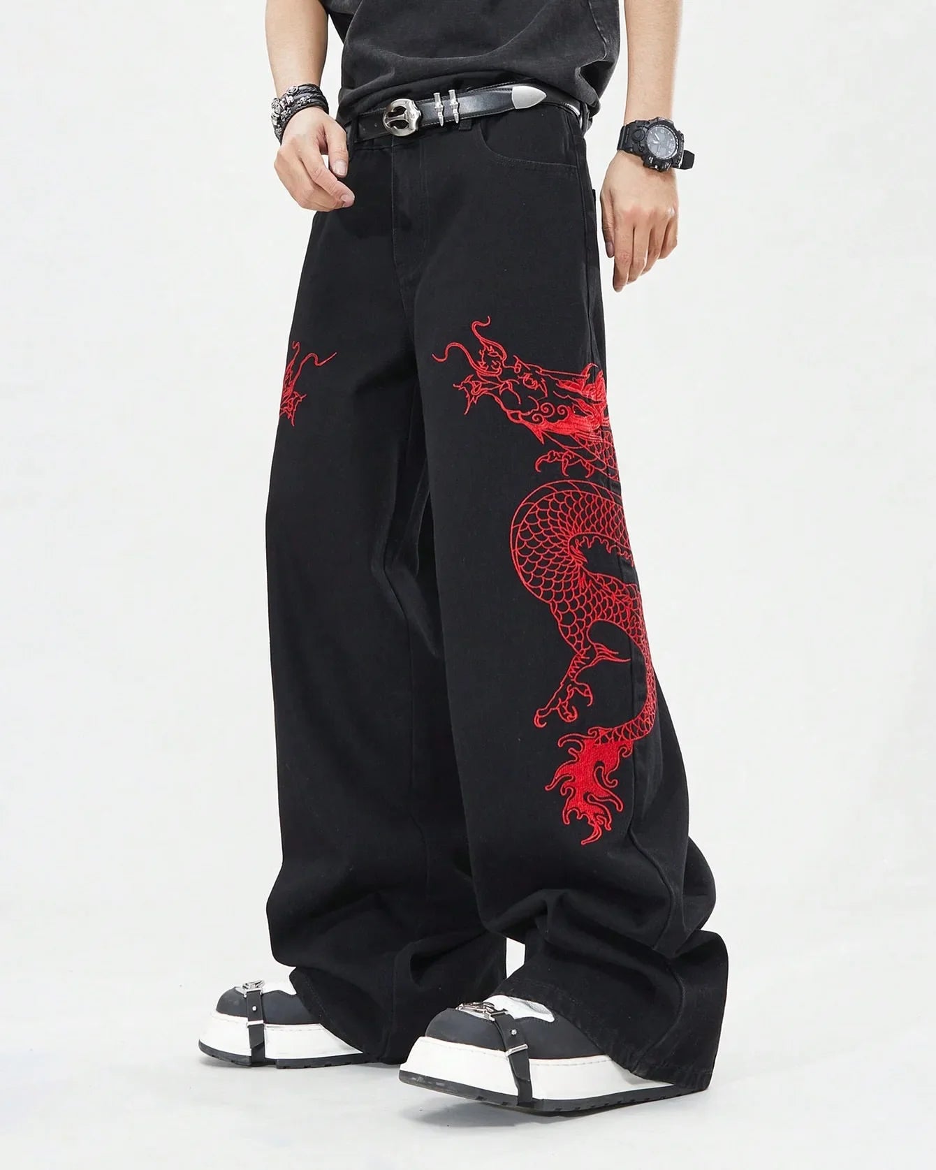American Black New Retro Oriental Animal Print Fashion Loose Jeans Men And Women High Waist Hip-Hop Casual Straight Pants