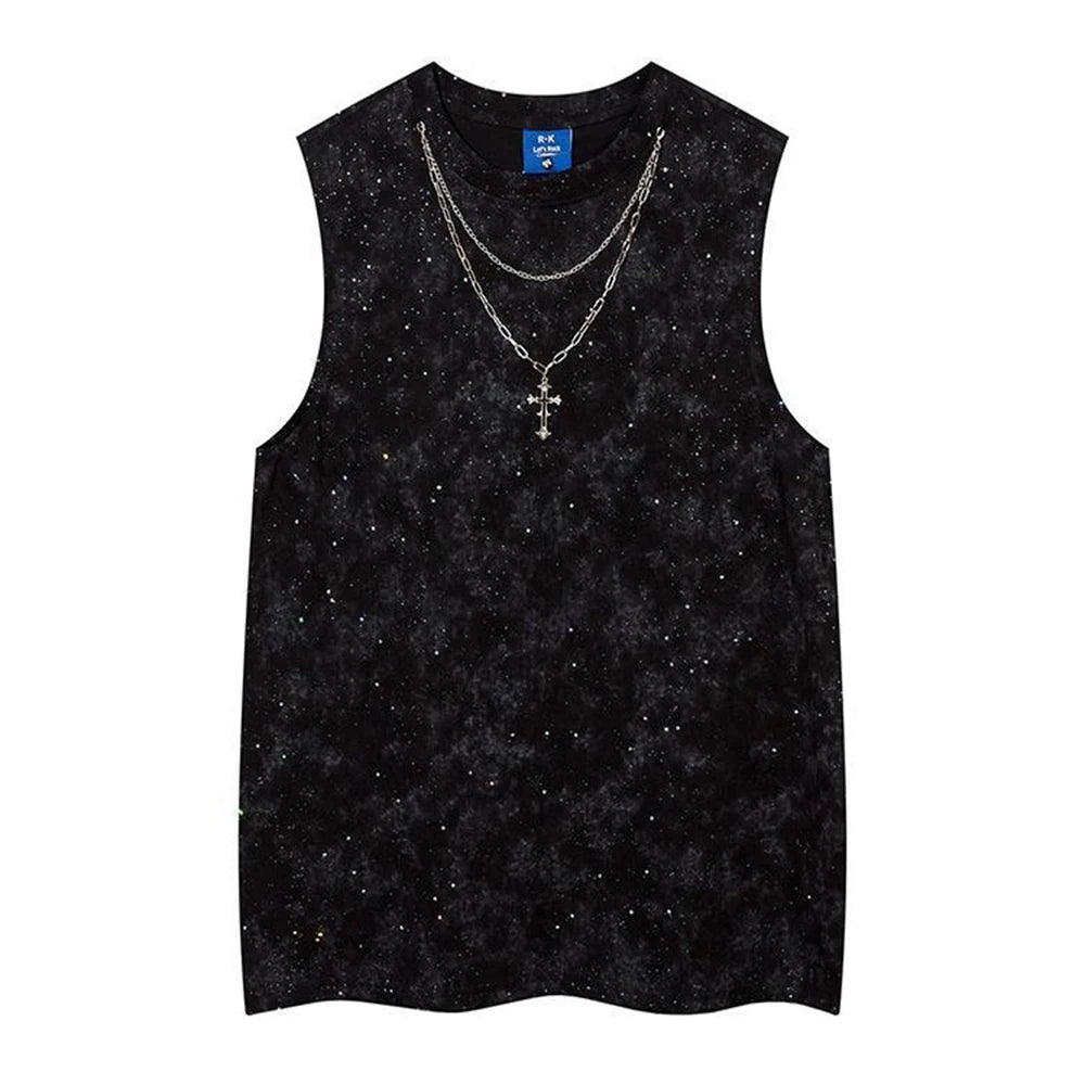 Men Vest Shiny Night Sky Casual Tank Top Nightclub Streetwear Fashion Stage Performances Niche Cross Top Men'S Clothing 2025 New