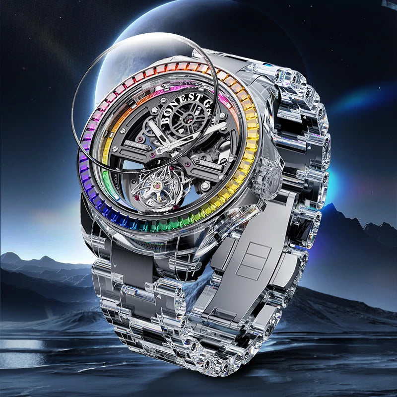 BONEST GATTI Luxury Skeleton Tourbillon Watch for Men K9 Crystal Case with Rainbow Bezel Automatic Mechanical Wristwatch