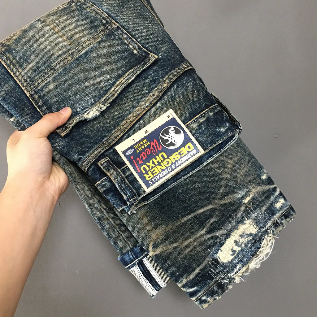 Heavyweight American Retro 100% Cotton Jeans for Men High-Street Ripped and Patched Non-Stretch Premium Loose Straight-Leg Pants