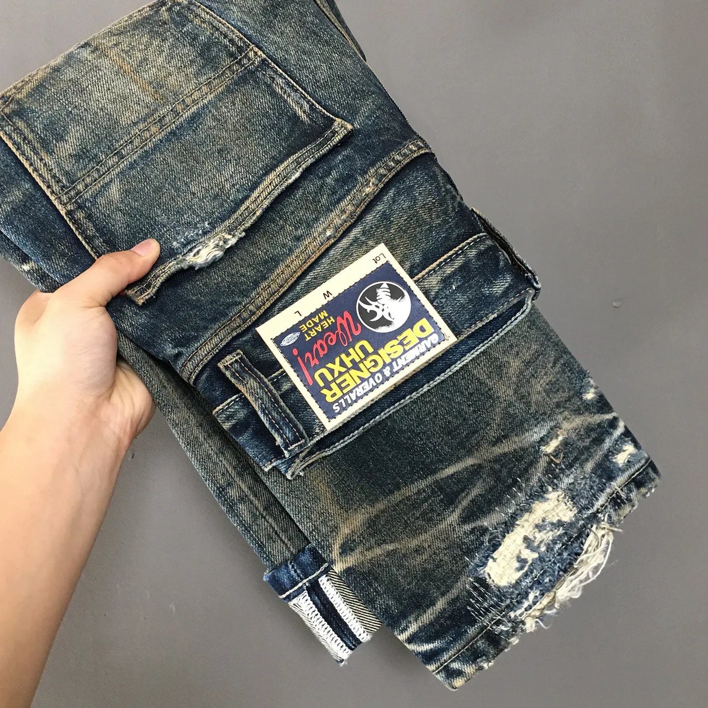 Heavyweight American Retro 100% Cotton Jeans for Men High-Street Ripped and Patched Non-Stretch Premium Loose Straight-Leg Pants