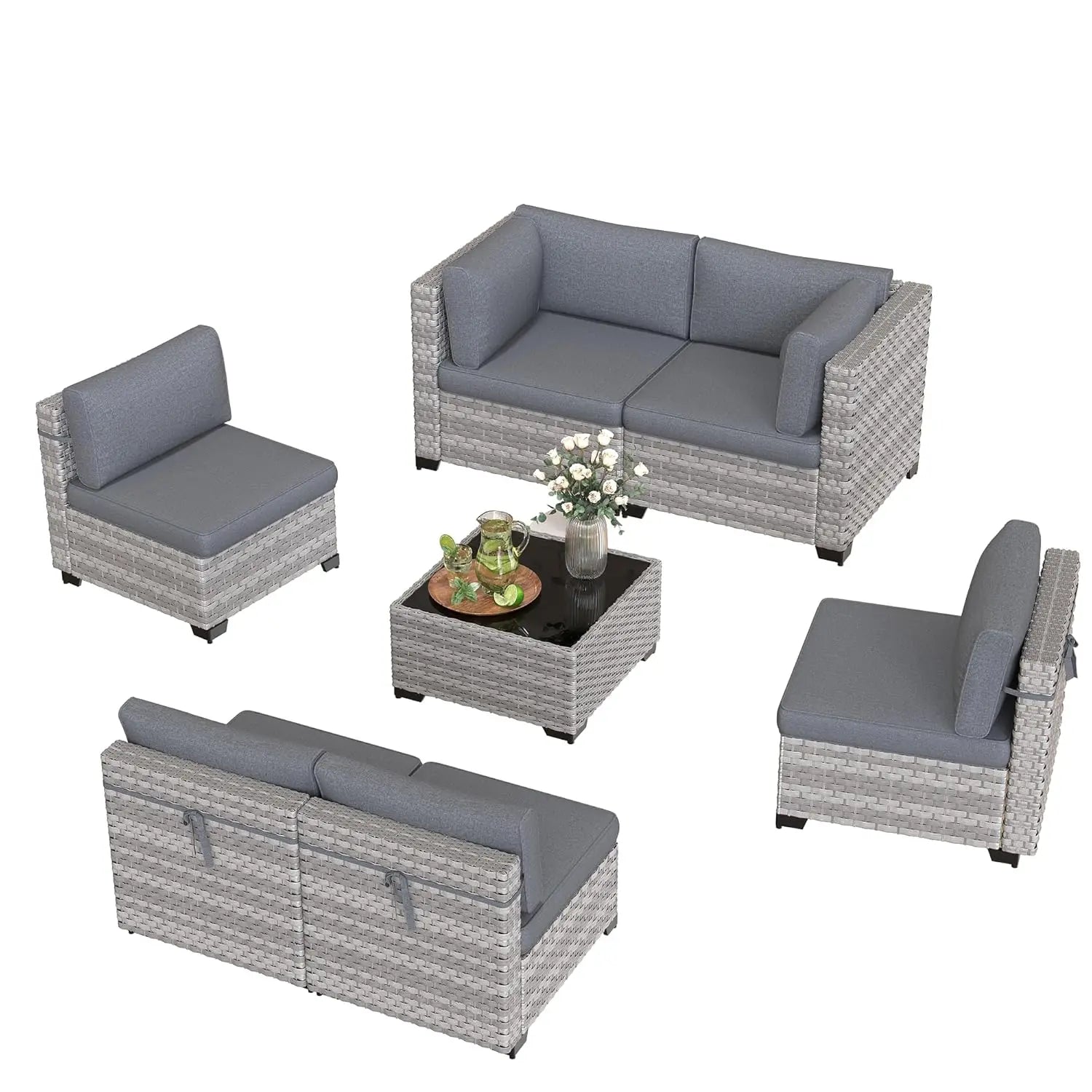 6-Seat Outdoor Wicker Sectional Sofa Set with Thick 4-Inch Cushions Dual-Strand PE Rattan Customizable Modular Patio Furniture