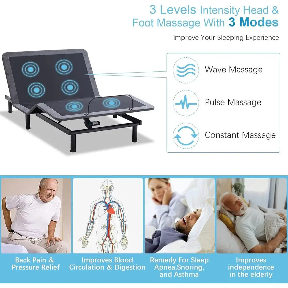 Ergonomic Split King Adjustable Bed Base with Massage, Wireless Remote, LED Light, USB Ports, Easy Assembly