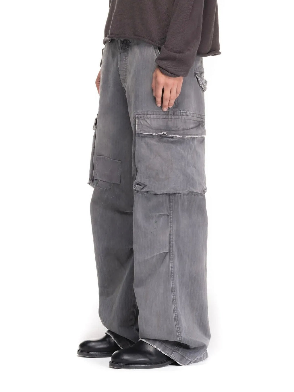 No faith studios herringbone twill grey ripped patch paint multi-pocket overalls