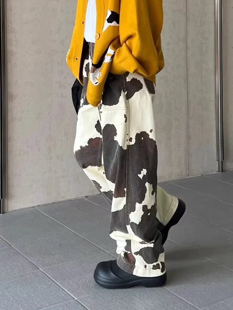 2024 Ropa Y2K Fashion Cow Pattern Baggy New Jeans Pants For Women Designer Clothes Straight Cotton Korean Casual Lady Trousers