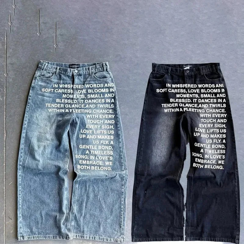 Deeptown Vintage Letter Print Women Man Jeans Y2k Harajuku Washed Wide Leg American Style Denim Pants Baggy Hip Hop Streetwear