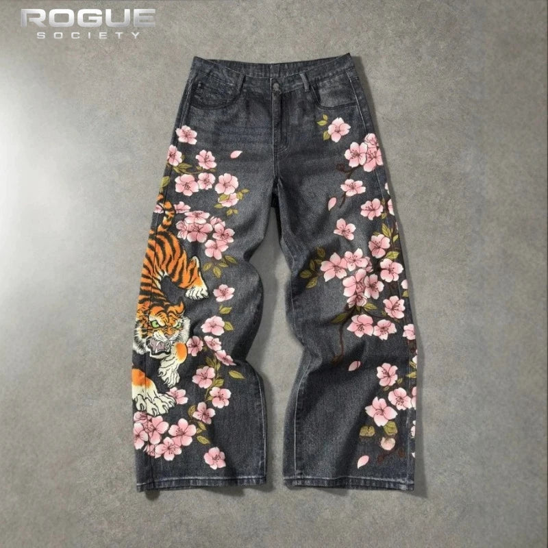 Japanese Tiger Sakura Men Jeans Summer Y2K Wide Leg Denim Pants Streetwear Hip Hop Retro Harajuku Loose Vintage Trousers Unisex