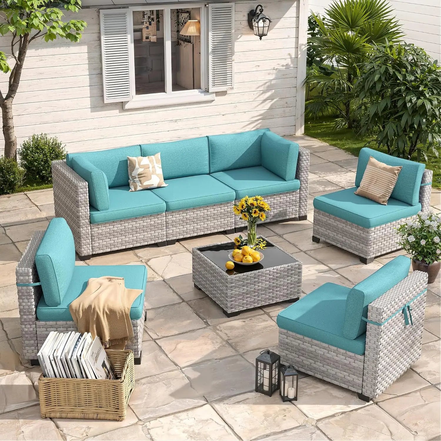 6-Seat Outdoor Wicker Sectional Sofa Set with Thick 4-Inch Cushions Dual-Strand PE Rattan Customizable Modular Patio Furniture