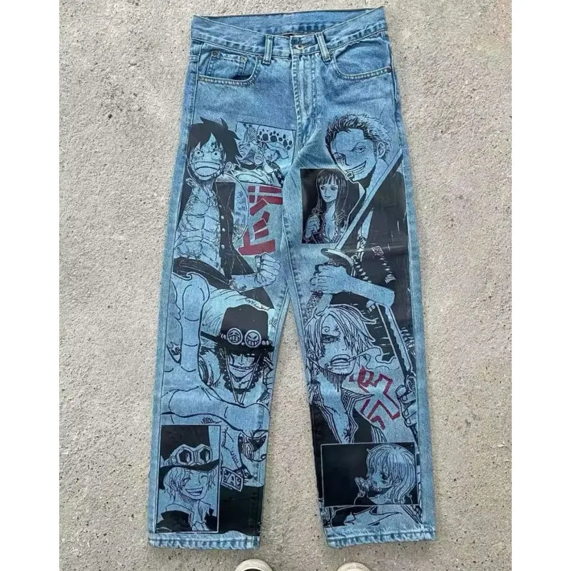 New Trend Printed Demon Slayer One Piece Jujutsu Kaisen Anime Characters Teen Loose Casual Jeans Japanese Retro Straight Jeans