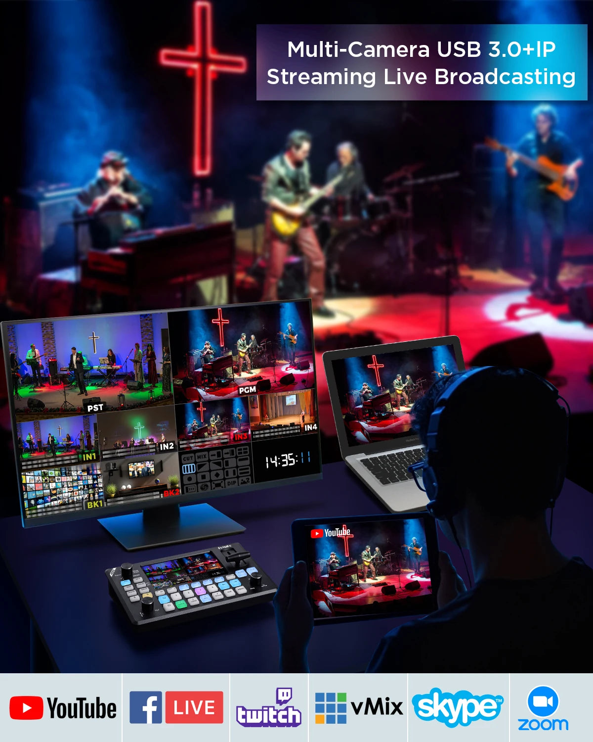 4K HDMI Video Mixer Switcher, 5.5 Inch FHD LCD Screen, 4-Channel HDMI Live Streaming Switcher, 4K 60FPS Input,1080p 60FPS Output