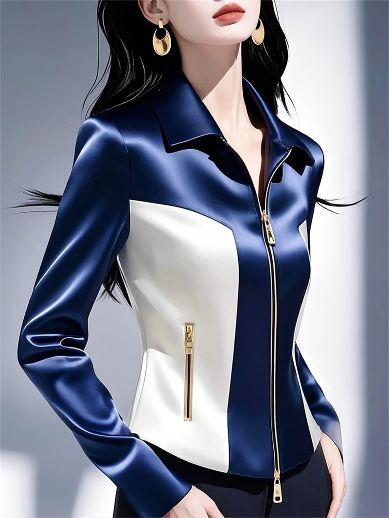 Contrast Satin Jacket Women's 2025 Early Spring Summer New Shirt Female High Quality Western-Style Waist Coat Zipper Tops Ladies