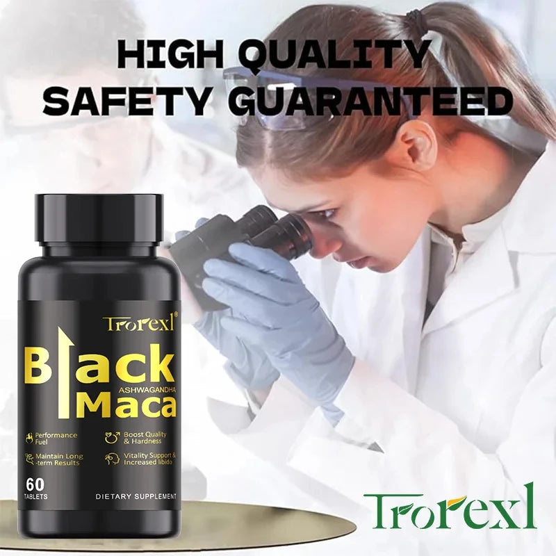 TOP STRENGTH Black Maca Ashwagandha Tablets for Men Potency| Natural Energy + Stamina Booster | 60 Caps