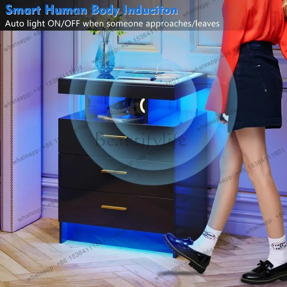 D06Modern Bedside Table 2 Set Nightstands with Wireless Charging Station, Auto Sensor 3 Color Dimmable LED Night Stand