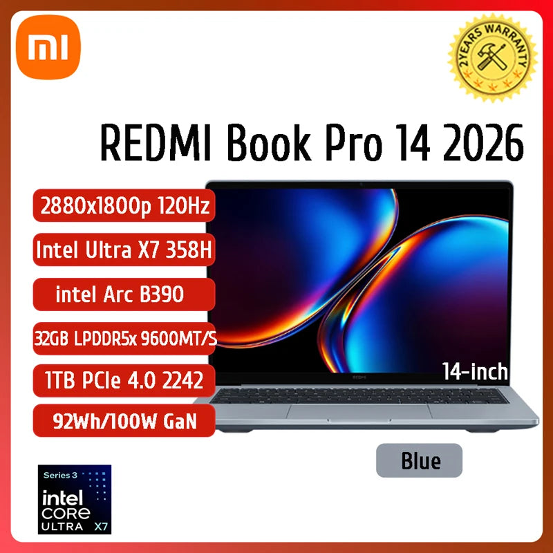 2026 New Xiaomi REDMI Book Pro 14 Laptop Ultra5-338H/Ultra7-358H 32GB+1TB 14inch 2.8K 120Hz Screen Blue Notebook Xiaomi