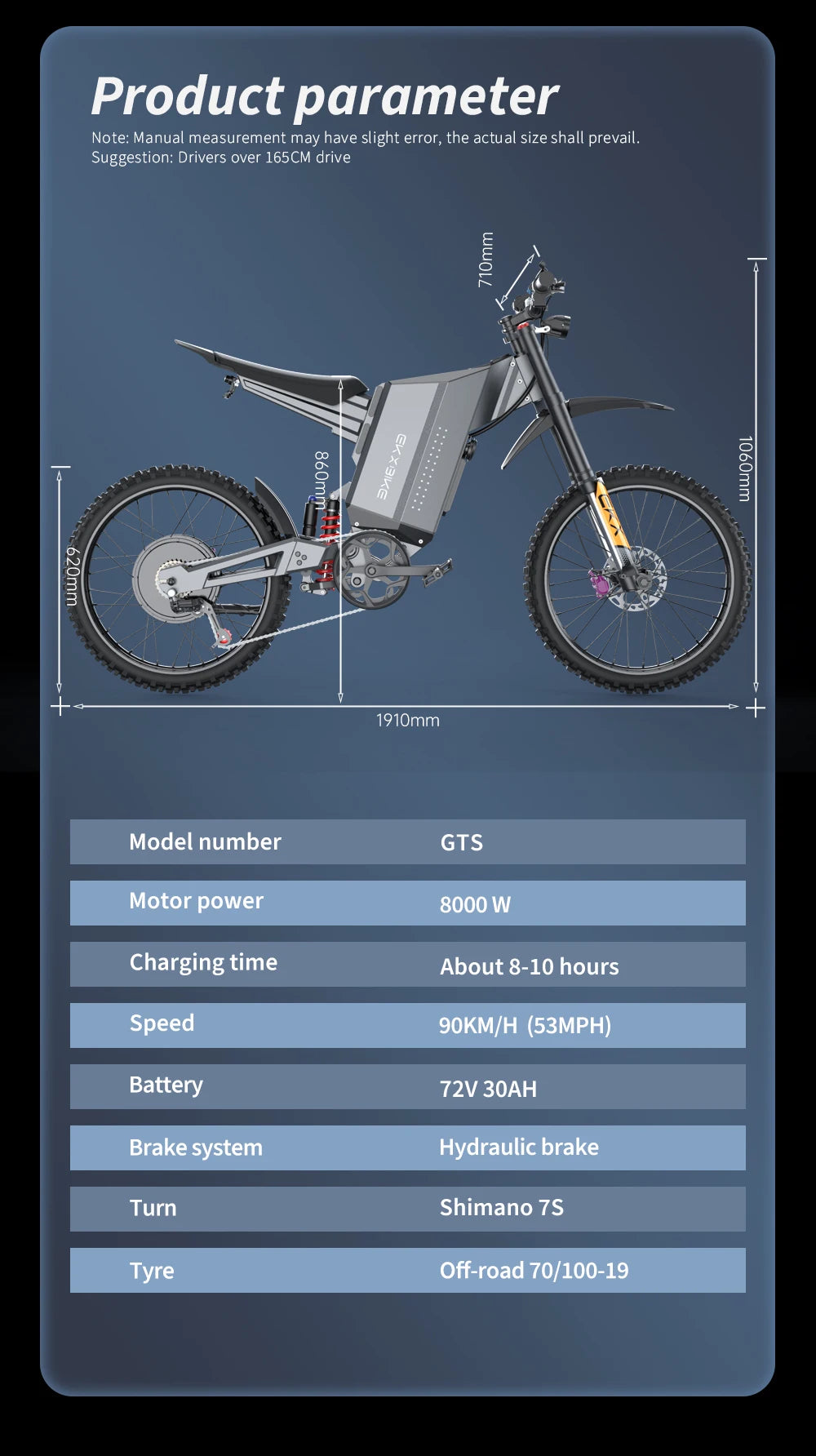 SLDBK GTS X22 Off-Road Electric Bike 85Kmh 8000W Brushless Motor E-bike 72V30AH Lithium Battery Ebike Adult Electric Motorcycle