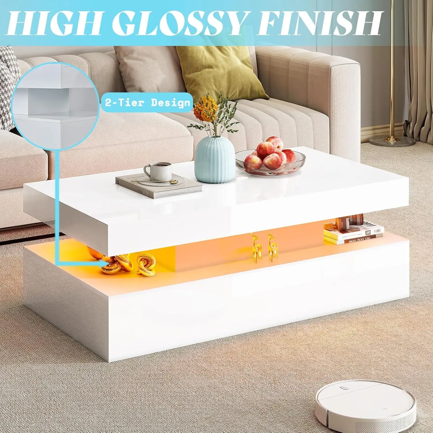 High Gloss 3 Pieces Living Room Table Set, Modern LED Coffee Table Sets of 3, 2-Tier Center Table with 2 End Side Tables, White