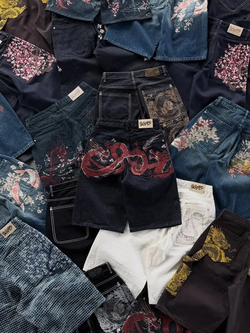 Men Couples Japanese Dragon Floral Embroidered Denim Shorts Loose Baggy Streetwear Washed Vintage Harajuku Y2K Summer Jeans