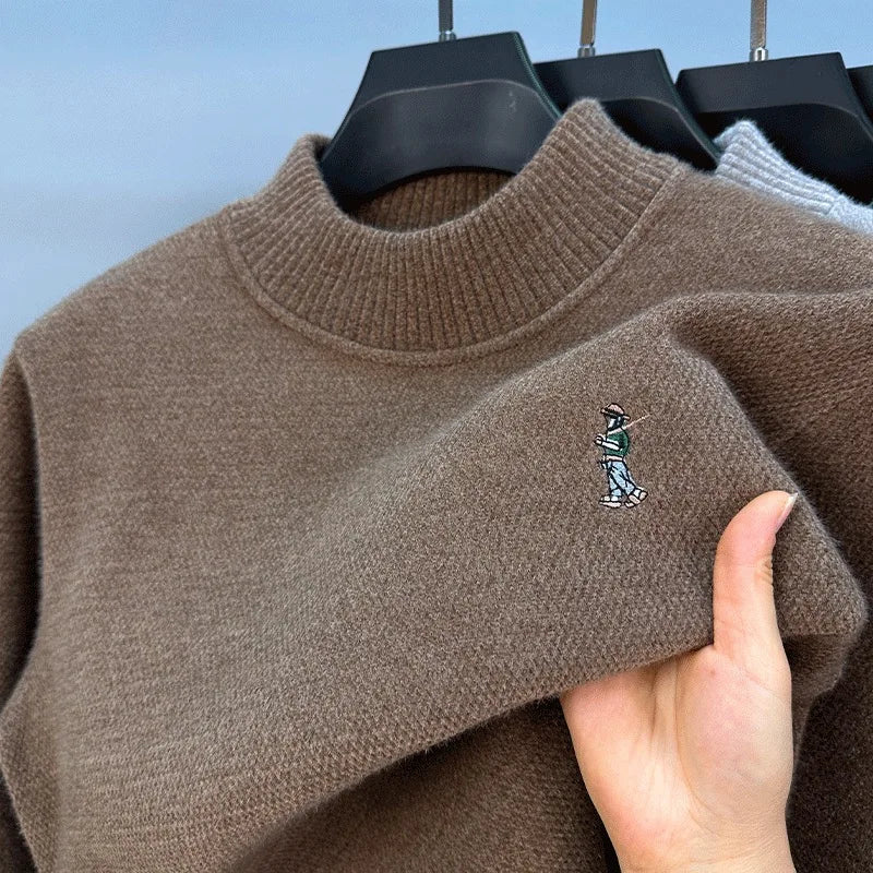 Luxury brand men's round neck knitted sweater fashion cartoon embroidery comfort warm plush autumn winter casual golf pullover