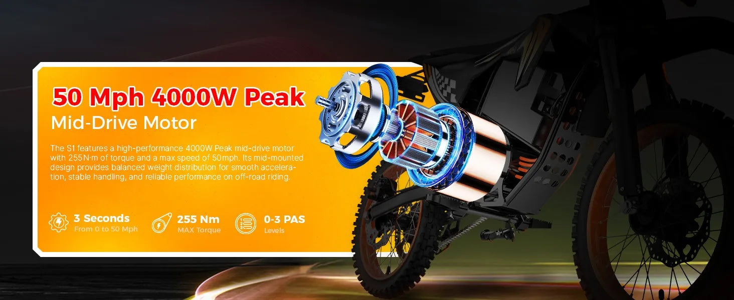 Fat E-Bike 60V 28Ah Off-Road E-Motorcycle 50 MPH 4000W Electric Dirt Bike US