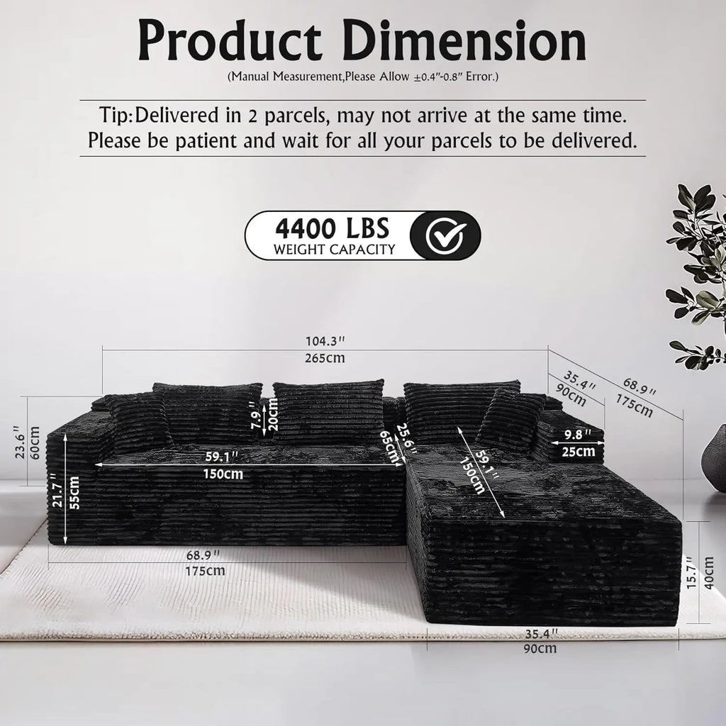 Sectional couches for Living Room Corduroy Couch, 104" Cloud Sectional Couch with L-Shape Chaise, Modern Modular, Customized