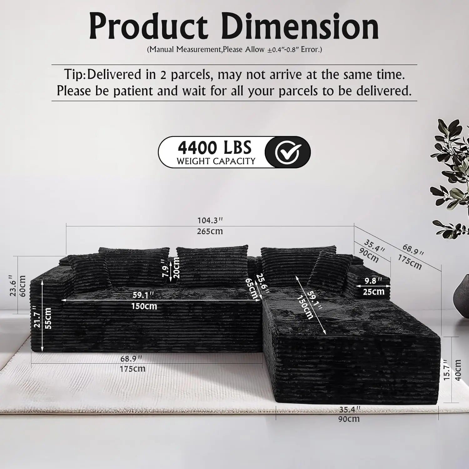 Sectional couches for Living Room Corduroy Couch, 104" Cloud Sectional Couch with L-Shape Chaise, Modern Modular, Customized