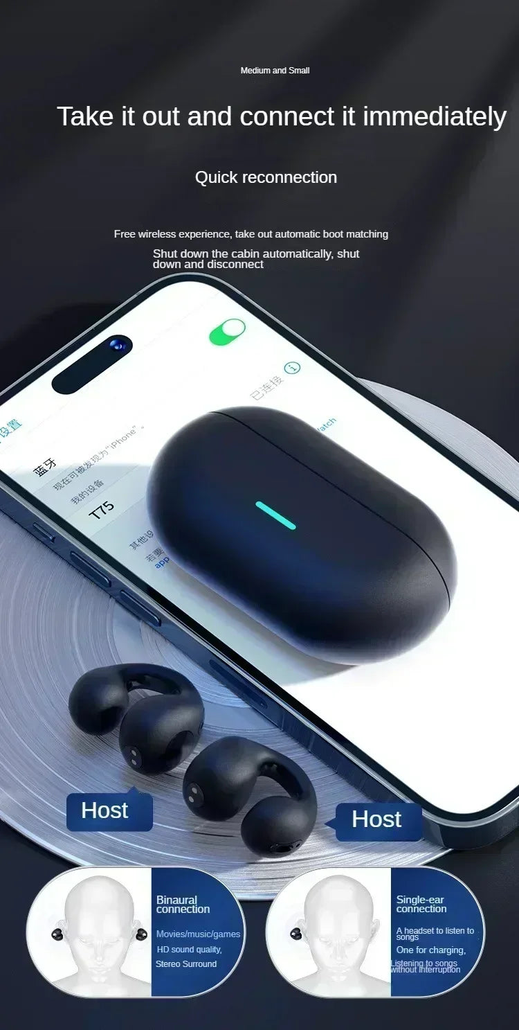 T75 Fone Bluetooth Headset 5.3 Wireless Air Conduction Headphones Clip Ear Music Noise Canceling HD Call Sports Gaming Earphone