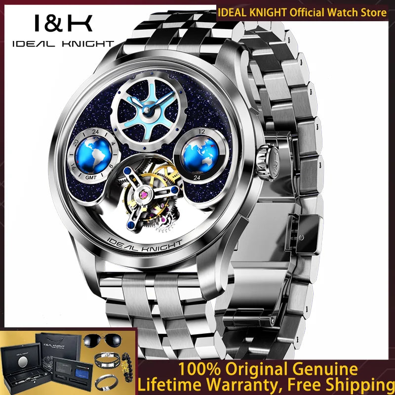 IDEAL KNIGHT Tourbillon Watch 6805 Men Automatic Mechanical Watch 100% Official Original Blue Earth Series Men Watch High Gift