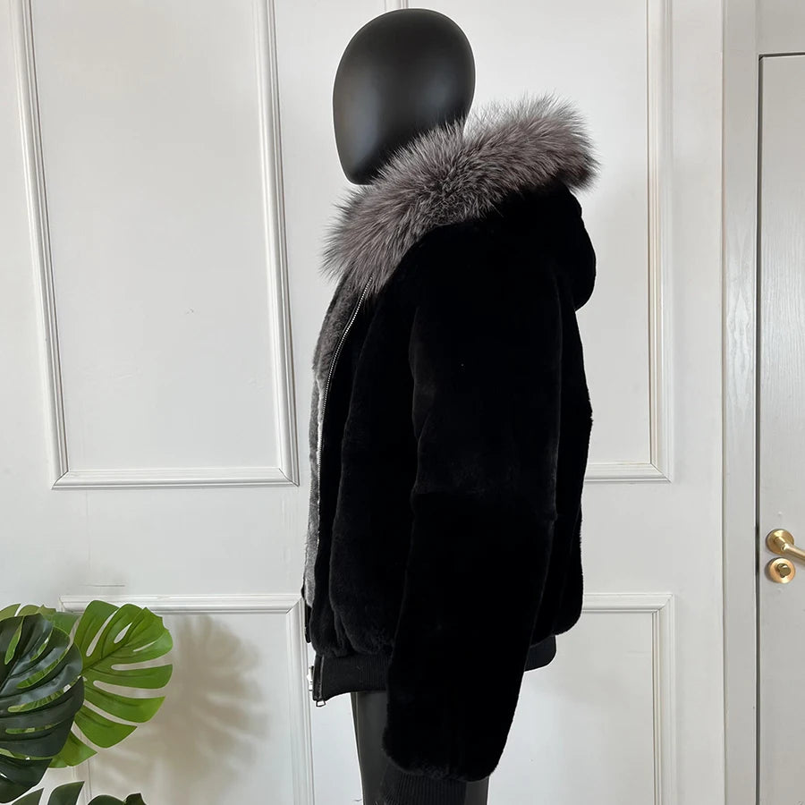 Men Rabbit Fur Coat Winter Short Real Rex Rabbit Fur Jacket With Hood Black Fur Coats Chinchilla Fur
